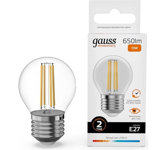Изображение товара Лампа Gauss Filament Elementary Шар 10W 650lm 2700К Е27 LED 1/10/100 52210