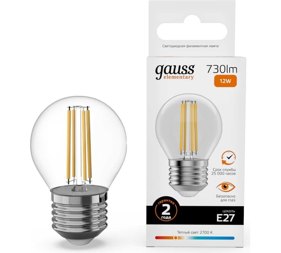 Изображение товара Лампа Gauss Filament Elementary Шар 12W 730lm 2700К Е27 LED 1/10/100 52212