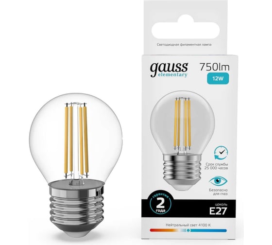 Изображение товара Лампа Gauss Filament Elementary Шар 12W 750lm 4100К Е27 LED 1/10/100 52222