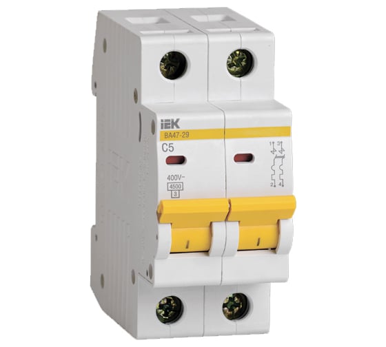 Изображение товара Автоматический модульный выключатель IEK ВА 47-29 2п, C, 5А, 4.5кА, ИЭК MVA20-2-005-C
