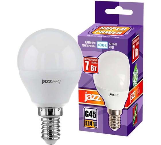 Изображение товара Светодиодная лампа Jazzway PLED-SP 7Вт G45 шар 4000К нейтр. бел. E14 560лм 230В/50Гц 5018945