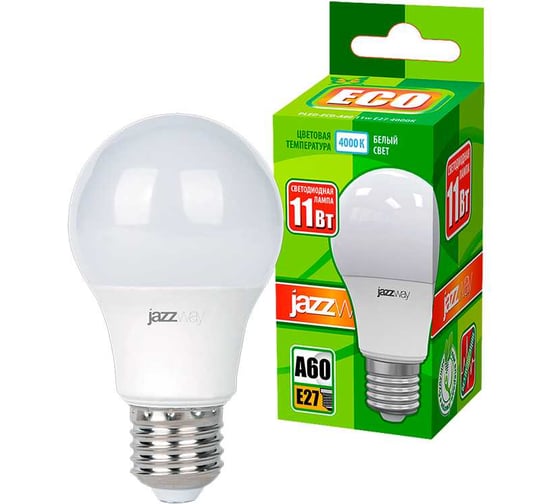 Изображение товара Светодиодная лампа Jazzway PLED-ECO 11Вт A60 грушевидная 4000К нейтральный белый E27 840лм 230В/50Гц 1033215