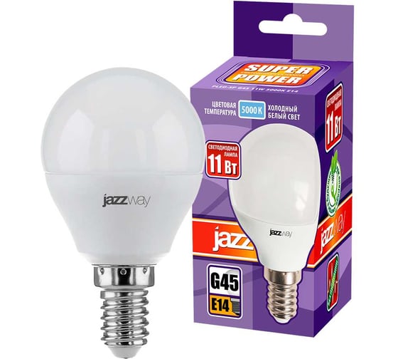 Изображение товара Светодиодная лампа Jazzway PLED-SP 11Вт шар G45 5000К холодный белый E14 950лм 230В/50Гц 5019300