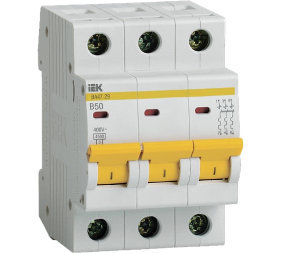 Изображение товара Автоматический модульный выключатель IEK ВА 47-29 3п, B, 50А, 4.5кА, ИЭК MVA20-3-050-B