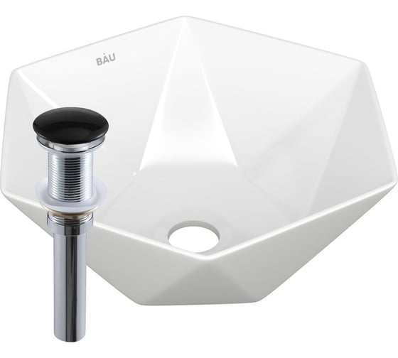 Изображение товара Раковина накладная на столешницу Bauedge BAU Crystal 40x40, белая + выпуск клик-клак, черный BH1192