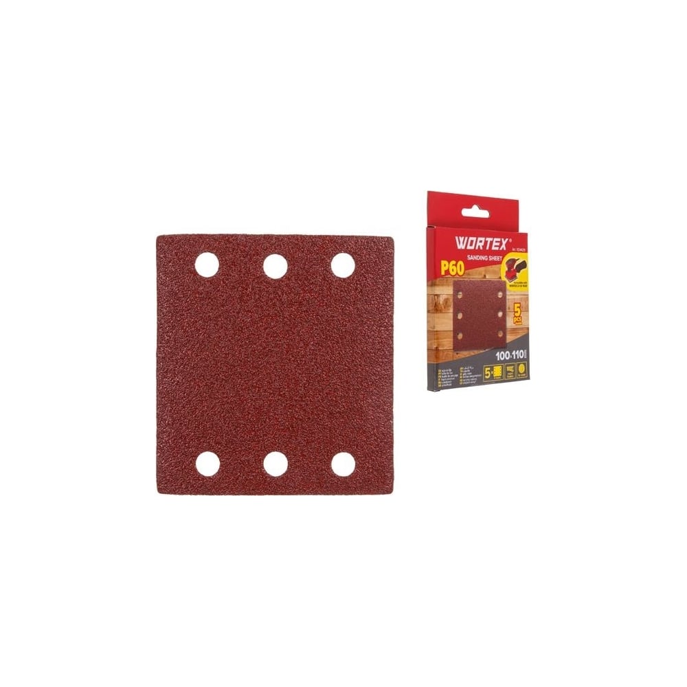 Изображение товара Шлифлист для дерева 100x110 мм P60, самосцепляющийся, 6 отверстий, 5 шт WORTEX