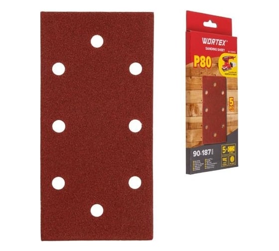 Изображение товара Шлифлист для дерева 90x187 мм, Р80, самосцепляющийся, 8 отверстий, 5 шт WORTEX 1334433