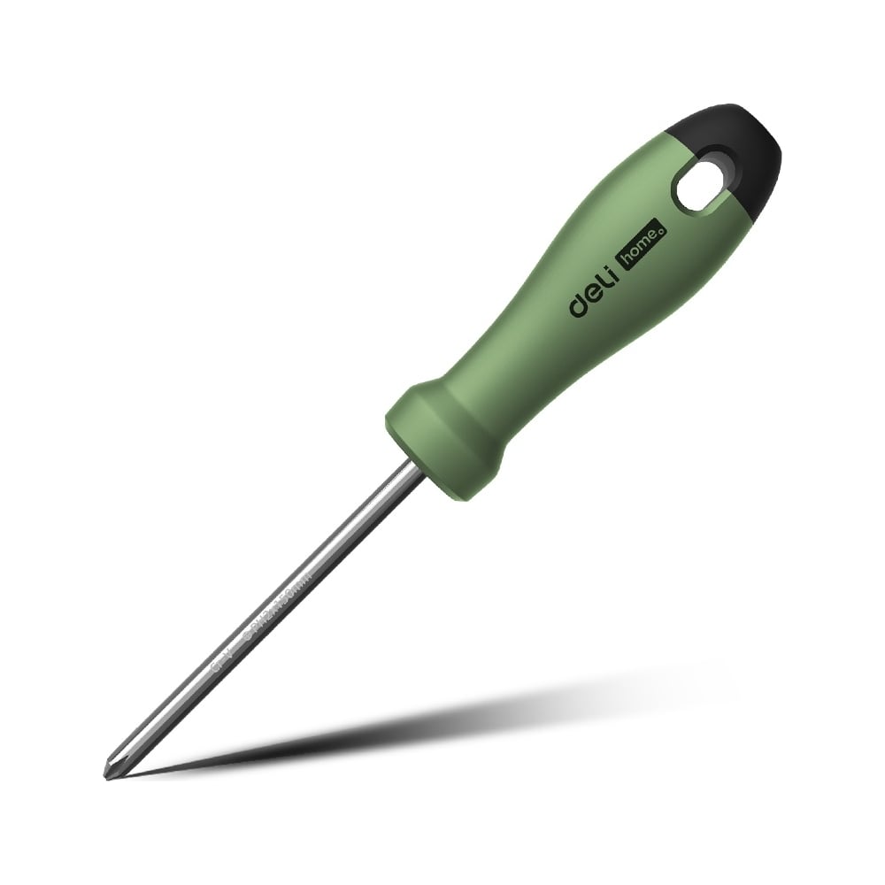 Крестовая отвертка Deli "Home Series Green" HT1206L PH2x150мм, Cr-V, Soft Touch используется для работ с резьбовыми соединениями в процессе ремонта или монтажа. Стержень выполнен из качественной хромованадиевой (Cr-V) стали, что обеспечивает высокую антикоррозийную стойкость и долговечность, а магнитный наконечник способствует снижению вероятности потери крепежа, с которым производится работа. На стержне при помощи лазерной гравировки указан тип и размер отвертки. Эргономичная двухкомпонентная TPR+PP рукоятка с покрытием Soft Touch не скользит в руках, гарантируя продолжительную комфортную работу. На конце рукоятки предусмотрено специальное отверстие для подвесного хранения. Все отвертки семейства “Home Series” на торце имеют крупное рельефное изображение типа отвертки, в зависимости от модели ("-" для SL и “+” для PH), которое поможет определить тип отвертки даже в темном помещении или на ощупь. Отвертка упакована в стильную картонную коробку и будет отличным подарком для любителей качественного, современного инструмента.