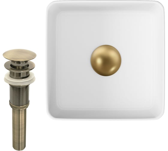 Изображение товара Раковина накладная на столешницу Bauedge BAU Mini квадратная 24x24 белая, выпуск клик клак, бронза BH1078