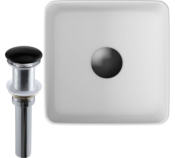 Изображение товара Раковина накладная на столешницу Bauedge BAU Mini квадратная 24x24 белая, выпуск клик клак, черный BH1063