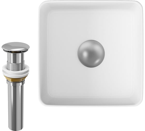 Изображение товара Раковина накладная на столешницу Bauedge BAU Mini квадратная 24x24 белая, выпуск клик клак, хром BH1020