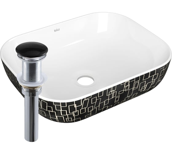 Изображение товара Раковина прямоугольная накладная Bauedge BAU Stil 50x40, белая/черная с орнаментом + выпуск клик-клак, черный BH1142