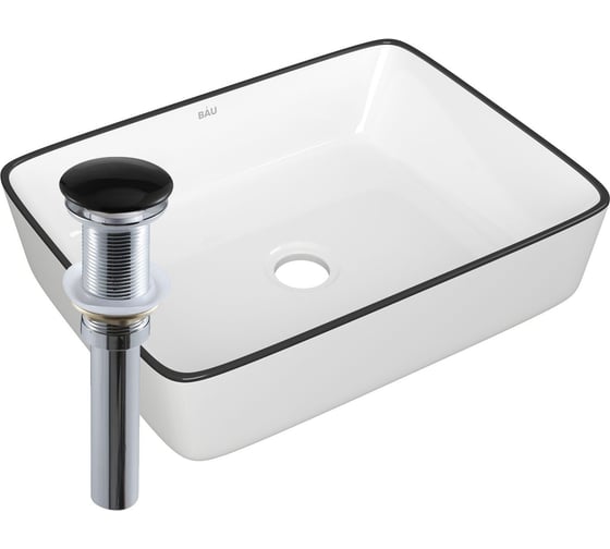 Изображение товара Раковина прямоугольная накладная Bauedge BAU Hotel 48x37, белая, черный кант + выпуск клик-клак, черный BH1122