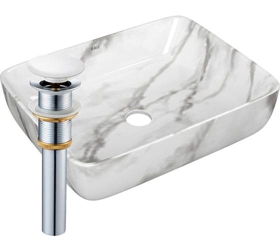 Изображение товара Раковина прямоугольная накладная Bauedge BAU Hotel 51x39, мрамор + выпуск клик-клак, белый BH1171