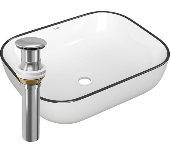 Изображение товара Раковина прямоугольная накладная Bauedge BAU Stil 50x40, белая, черный кант + выпуск клик-клак, хром BH1133