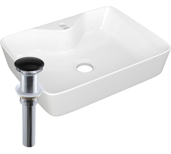 Изображение товара Раковина прямоугольная накладная Bauedge BAU Cerama 48x37, с отверстием под смеситель, белая + выпуск клик-клак, черный BH1239