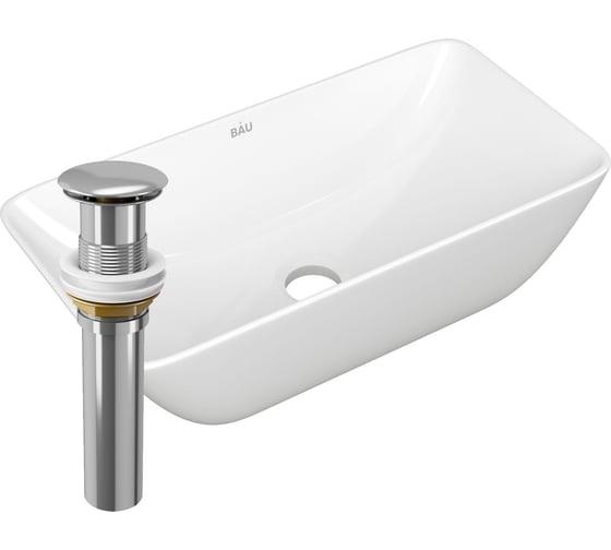 Изображение товара Раковина чаша накладная прямоугольная Bauedge BAU Spectrum mini 47x24, белая + выпуск клик-клак, хром BH1093