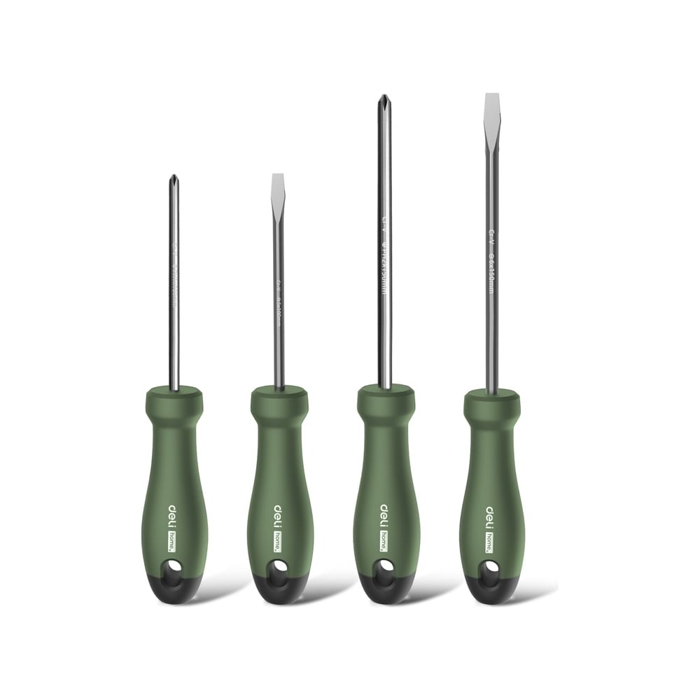 Набор отверток DELI Home SeriesGreen HT1004L используется для работ с резьбовыми соединениями в процессе ремонта или монтажа. Стержни изготовлены из качественной хромованадиевой стали, что обеспечивает высокую антикоррозийную стойкость и долговечность. Лазерной гравировкой на стержни нанесен типоразмер отвертки. Магнитный наконечник способствует снижению вероятности потери крепежа, с которым производится работа. Эргономичная двухкомпонентная TPR+PP рукоятка с покрытием SoftTouch не скользит в руках, гарантируя продолжительную комфортную работу, да и просто приятная на ощупь. Предусмотренное конструкцией специальное отверстие в рукояти поможет эффективно сэкономить пространство для хранения. Эксклюзивный дизайн- изящный, но одновременно строгий и современный - уделяет внимание каждой детали. Отвертки упакованы в стильную картонную коробку и будут отличным подарком для любителей качественного, современного инструмента.