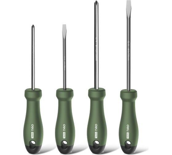 Изображение товара Набор отверток Deli «Home Series Green» HT1004L 4шт (PH1x100, PH2x150, SL5x100, SL6x150, Cr-V, Soft Touch рукоятка, эксклюзивный дизайн) 130275