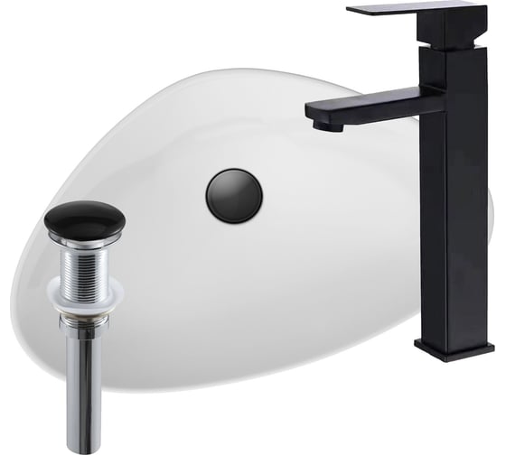 Изображение товара Раковина накладная со смесителем и выпуском Bauedge (Умывальник BAU Triangle 59x39, белый + смеситель для раковины высокий Hotel Black, черный, выпуск клик клак, черный) BH1048