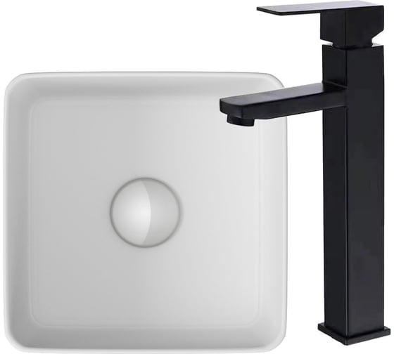 Изображение товара Раковина накладная со смесителем Bauedge BAU Mini (квадратная 24x24 белая + смеситель для раковины высокий Hotel Black, черный) BH1064