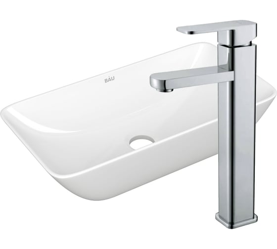 Изображение товара Раковина накладная со смесителем Bauedge BAU Spectrum mini (47x24, белая + смеситель Hotel Still, нержавеющая сталь) BH1089