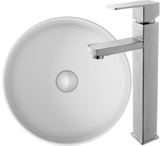 Изображение товара Раковина накладная со смесителем Bauedge BAU Dream (круглая D41, белая + смеситель для раковины высокий Hotel Still, нержавеющая сталь) BH1059