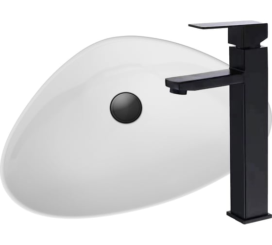 Изображение товара Раковина накладная со смесителем Bauedge BAU Triangle (59x39, белая + смеситель для раковины высокий Hotel Black, черный) BH1045