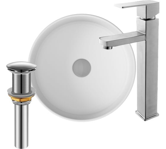 Изображение товара Раковина накладная со смесителем и выпуском Bauedge (Умывальник BAU Dream круглый D41, белый + смеситель для раковины высокий Hotel Still, выпуск клик клак, хром) BH1061