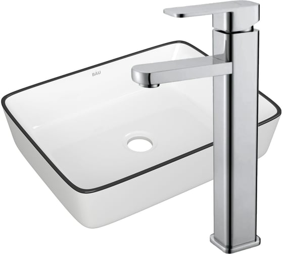 Изображение товара Раковина накладная прямоугольная со смесителем Bauedge BAU Stil Hotel (48x37, белая, черный кант + смеситель Hotel Still, нержавеющая сталь) BH1119