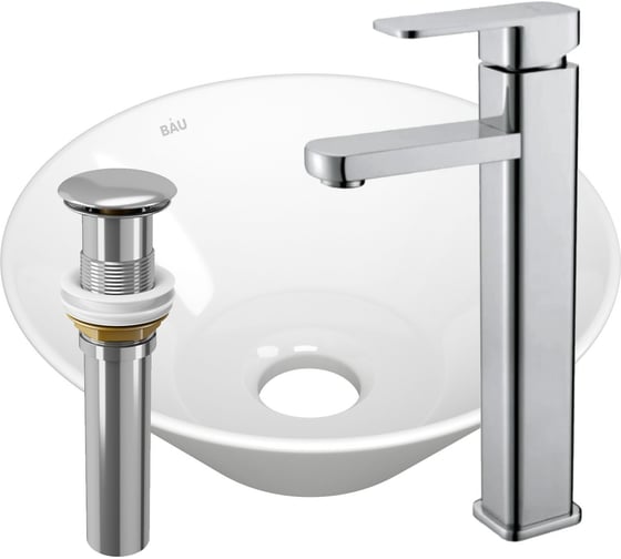 Изображение товара Раковина накладная на столешницу со смесителем и выпуском Bauedge BAU Dream (D43, белая + смеситель Hotel Still, нер. сталь, выпуск клик-клак хром) BH1155