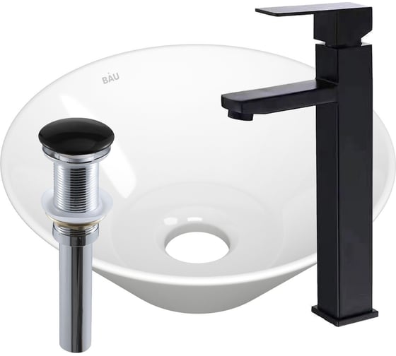 Изображение товара Раковина накладная на столешницу со смесителем и выпуском Bauedge BAU Dream (D43, белая + смеситель Hotel Black, черный, выпуск клик-клак черный) BH1157