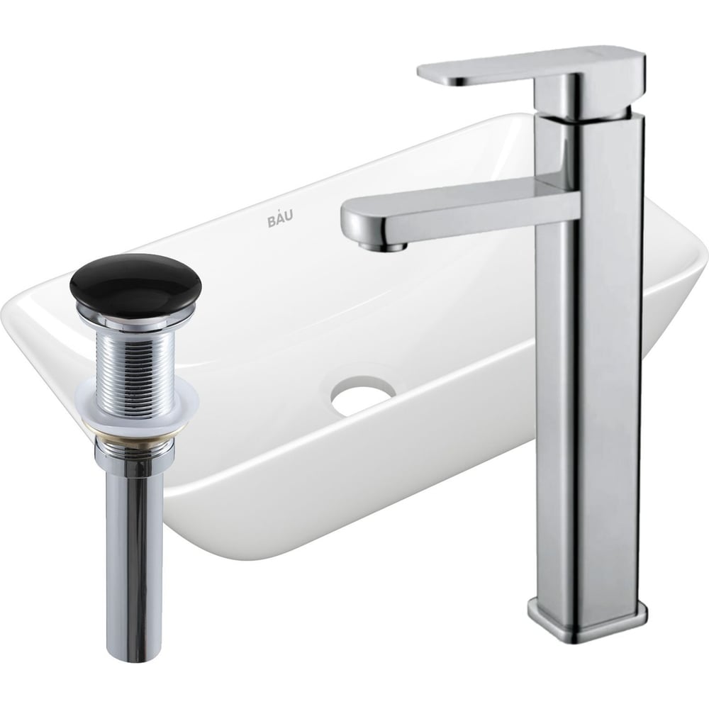 Изображение товара Раковина прямоугольная накладная со смесителем и выпуском Bauedge BAU mini (47x24, белая + смеситель Hotel Still, нер. сталь, выпуск клик-клак черный) BH1094