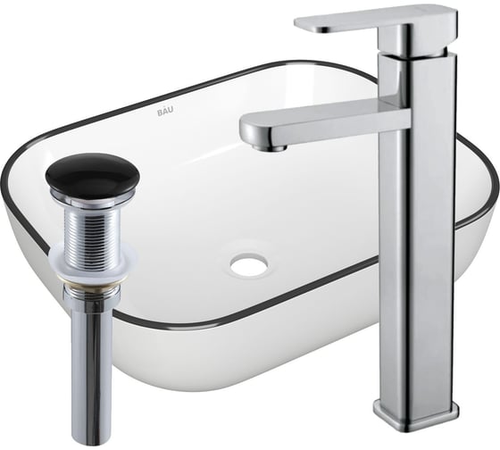 Изображение товара Раковина прямоугольная накладная со смесителем и выпуском Bauedge BAU Stil (50x40, белая + смеситель Hotel Still, нер. сталь, выпуск клик-клак черный) BH1134