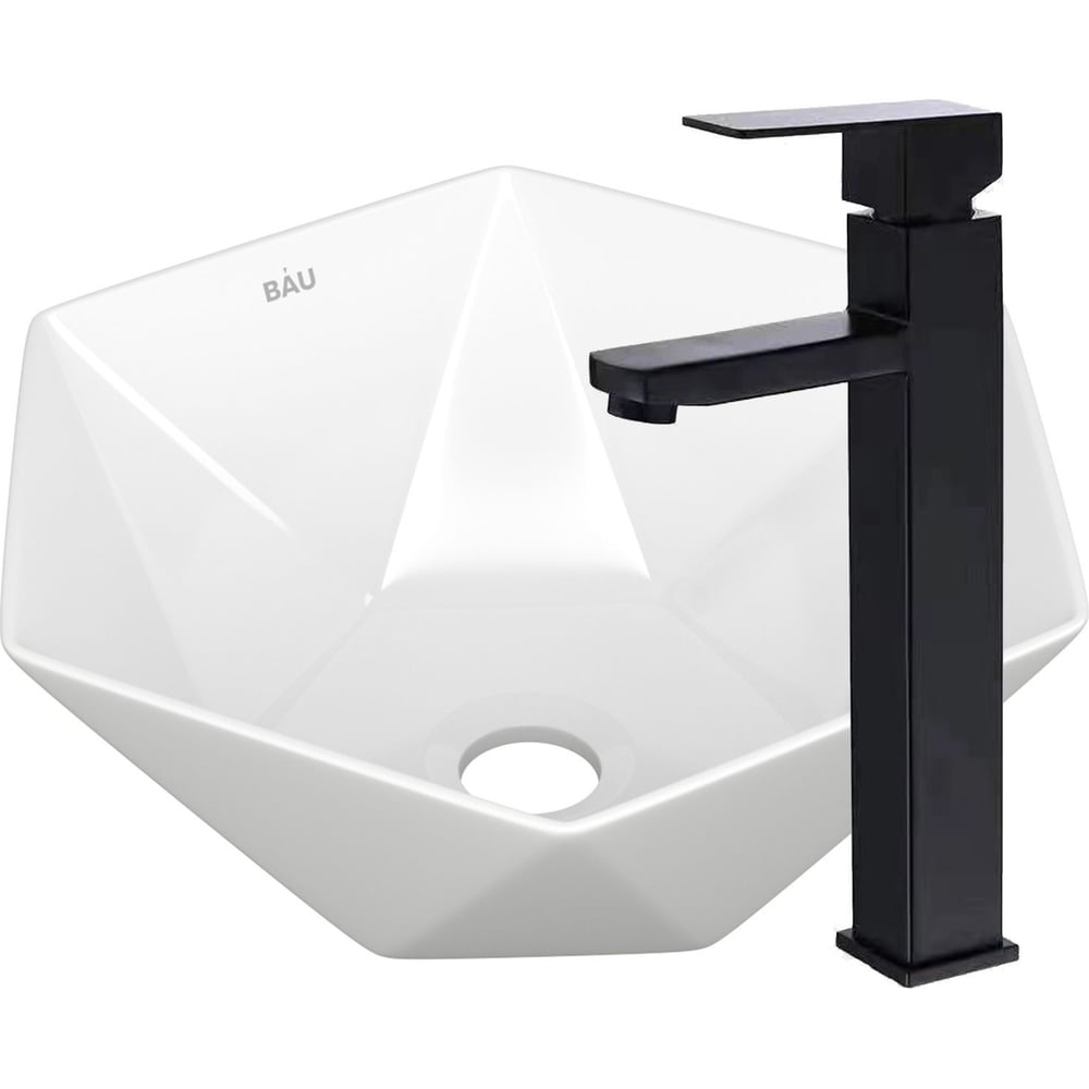 Изображение товара Раковина накладная на столешницу со смесителем Bauedge BAU Crystal (40x40, белая + смеситель высокий Hotel Black, черный) BH1190