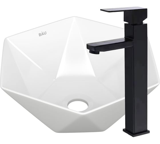 Изображение товара Раковина накладная на столешницу со смесителем Bauedge BAU Crystal (40x40, белая + смеситель высокий Hotel Black, черный) BH1190