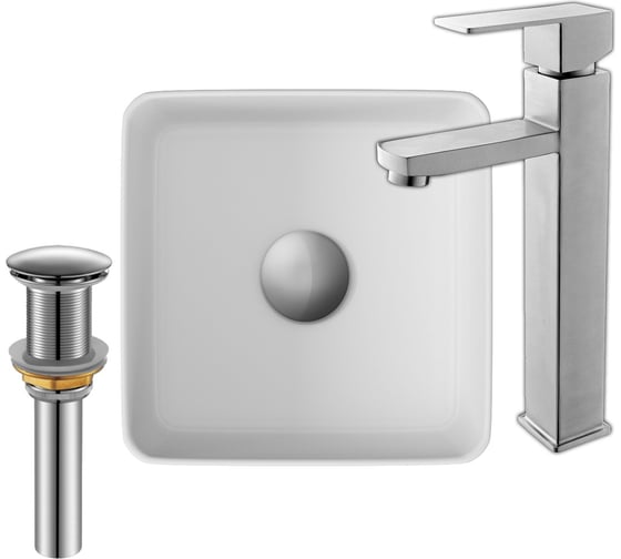 Изображение товара Раковина накладная со смесителем и выпуском Bauedge (Умывальник BAU Mini квадратный 24x24 белый + смеситель для раковины высокий Hotel Still, выпуск клик клак, хром) BH1067