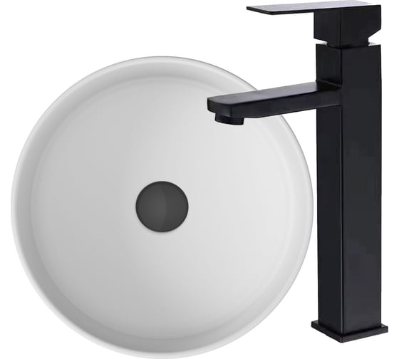 Изображение товара Раковина накладная со смесителем Bauedge BAU Dream (круглая D41, белая + смеситель для раковины высокий Hotel Black, черный) BH1058