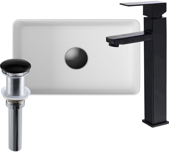 Изображение товара Раковина прямоугольная накладная со смесителем и выпуском Bauedge BAU Hotel mini (37x23, белая + смеситель Hotel Black, черный, выпуск клик-клак черный) BH1087