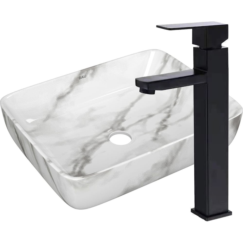 Изображение товара Накладная прямоугольная раковина Bauedge BAU Stil Hotel с высоким смесителем 51x39  белая