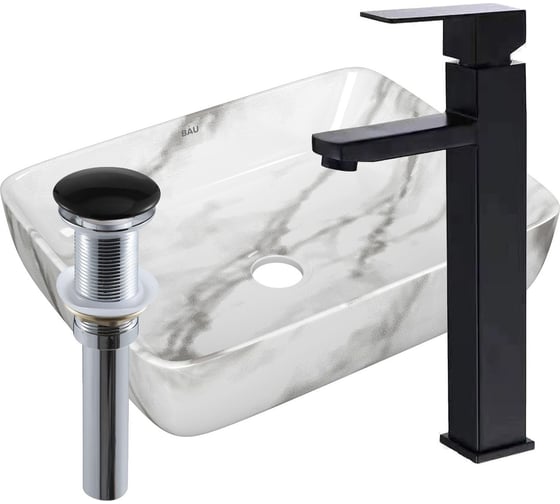Изображение товара Раковина прямоугольная накладная со смесителем и выпуском Bauedge BAU Hotel (51x39, мрамор + смеситель Hotel Black, черный, выпуск клик-клак черный) BH1177