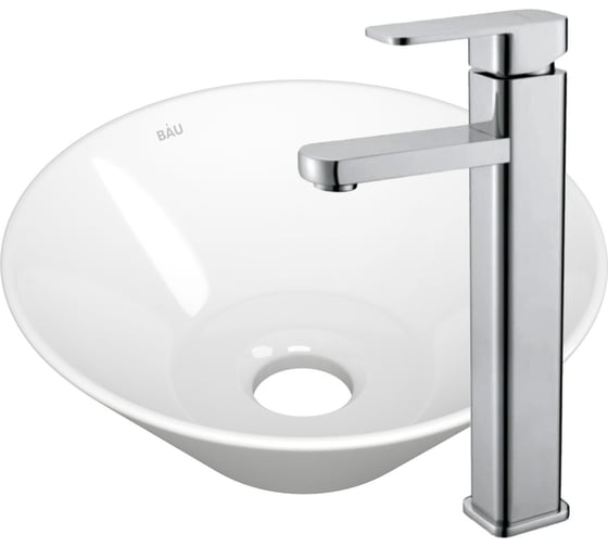 Изображение товара Раковина накладная со смесителем Bauedge BAU Dream (D43, белая + смеситель Hotel Still, нержавеющая сталь) BH1149