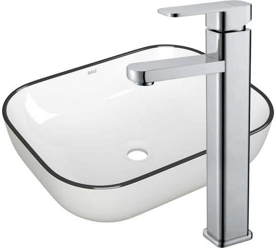 Изображение товара Раковина накладная прямоугольная со смесителем Bauedge BAU Stil (50x40, белая, черный кант + смеситель Hotel Still, нержавеющая сталь) BH1129