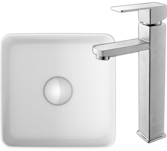 Изображение товара Раковина накладная со смесителем Bauedge BAU Mini (квадратная 24x24 белая + смеситель для раковины высокий Hotel Still, нержавеющая сталь) BH1065