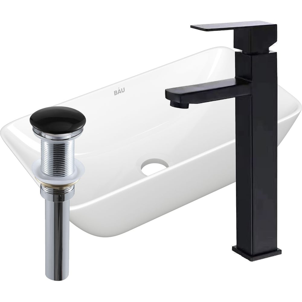 Изображение товара Прямоугольная накладная раковина Bauedge BAU Spectrum mini с черным смесителем