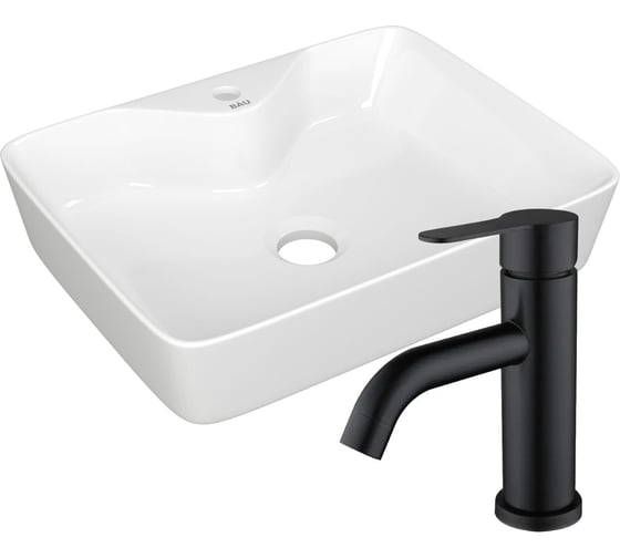 Изображение товара Раковина для ванной накладная прямоугольная Bauedge BAU Cerama 48x37, белая + смеситель Dream Black, черный BH1236