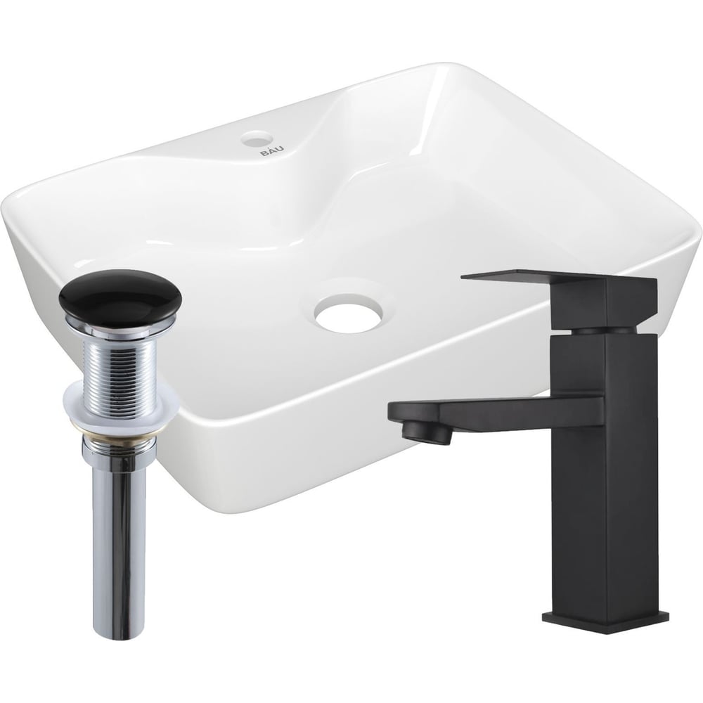 Изображение товара Раковина для ванной накладная Bauedge BAU 48x37 с комплектом смесителя и выпуском