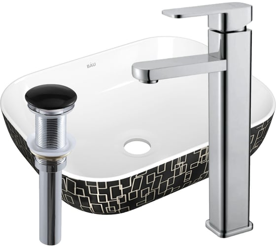 Изображение товара Раковина прямоугольная накладная со смесителем и выпуском Bauedge BAU Stil (50x40, белая/черная + смеситель Hotel Still, нер. сталь, выпуск клик-клак черный) BH1144