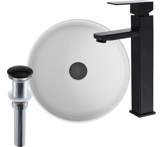Изображение товара Раковина накладная со смесителем и выпуском Bauedge (Умывальник BAU Dream круглый D41, белый + смеситель для раковины высокий Hotel Black, черный, выпуск клик клак, черный) BH1060