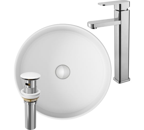 Изображение товара Раковина накладная со смесителем и выпуском Bauedge (Умывальник BAU Dream круглый D41, белый + смеситель для раковины высокий Hotel Still, выпуск клик клак, белый) BH1062